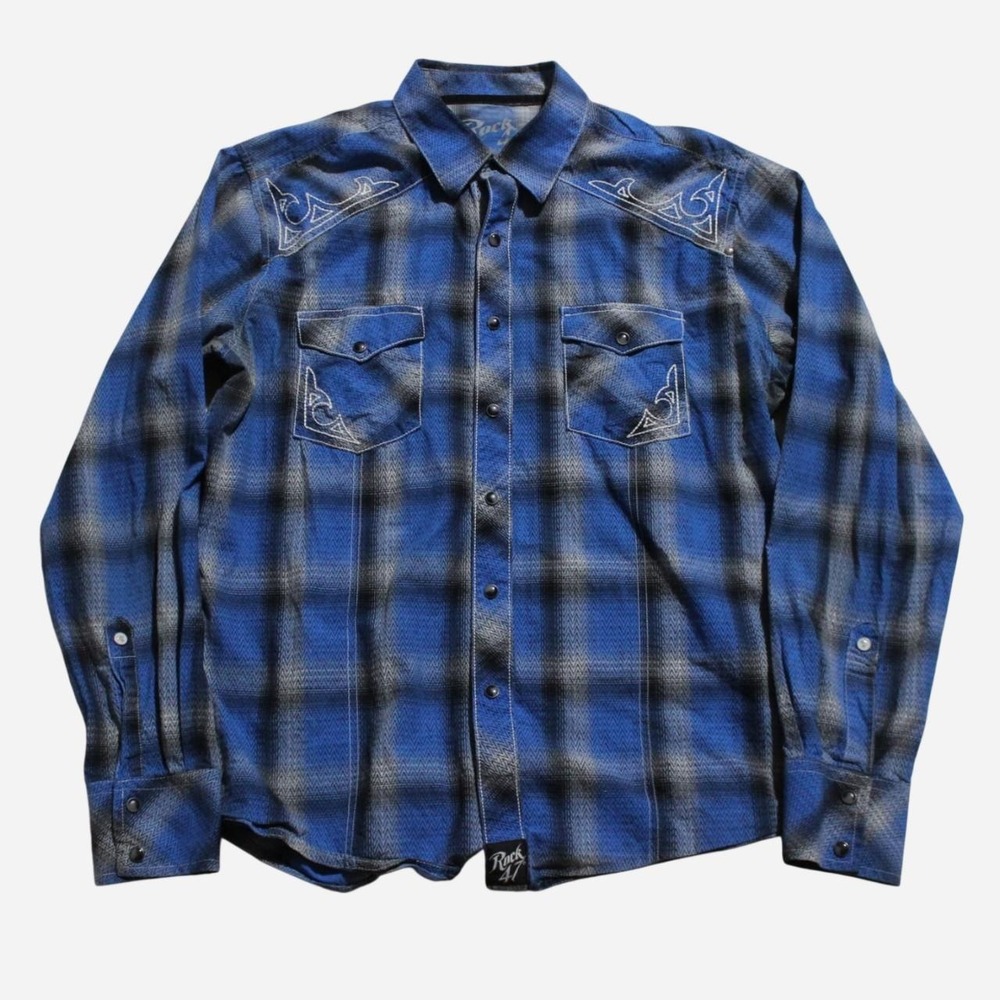 Mens Y2K Skater Streetwear Grunge Western Plaid Longsleeve Pearl Snap Shirt
